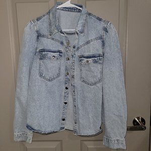 Front Button Puff Sleeve Denim Shirt